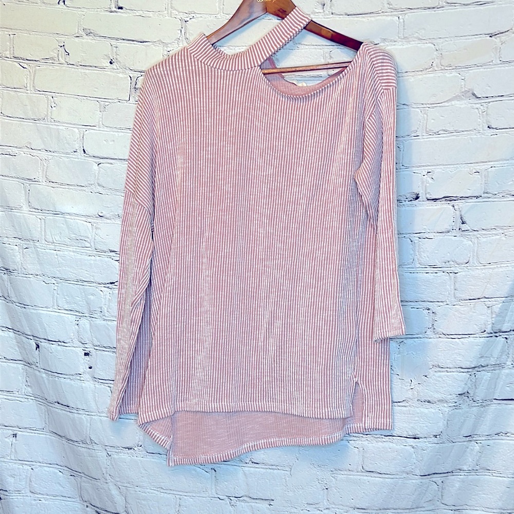 Oddy Pink & White Ribbed Cut OutLong Sleeve Tunic Top Size 2XL
